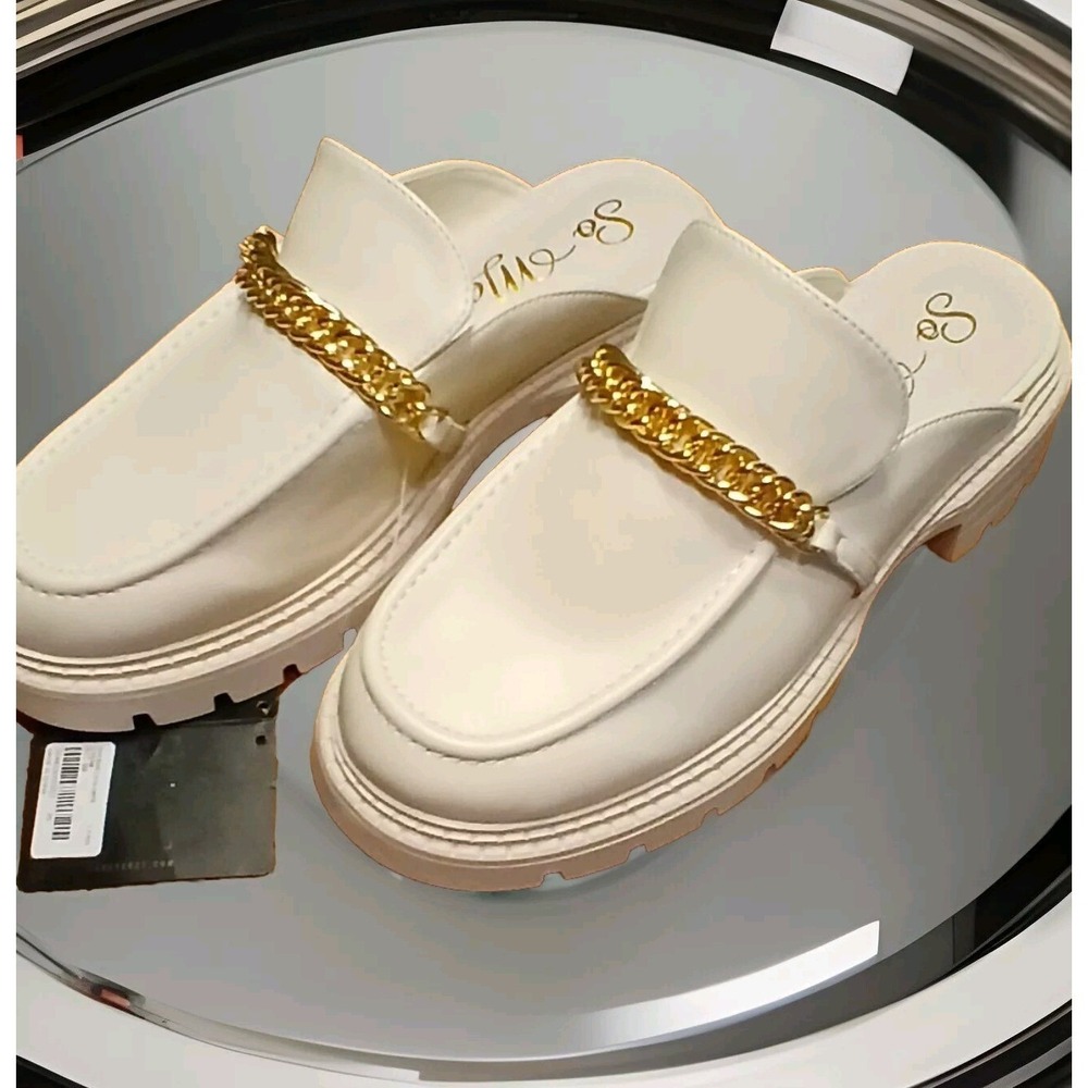 Cream Leather Slip-on Mules with Gold Chain - Size 8 NWT